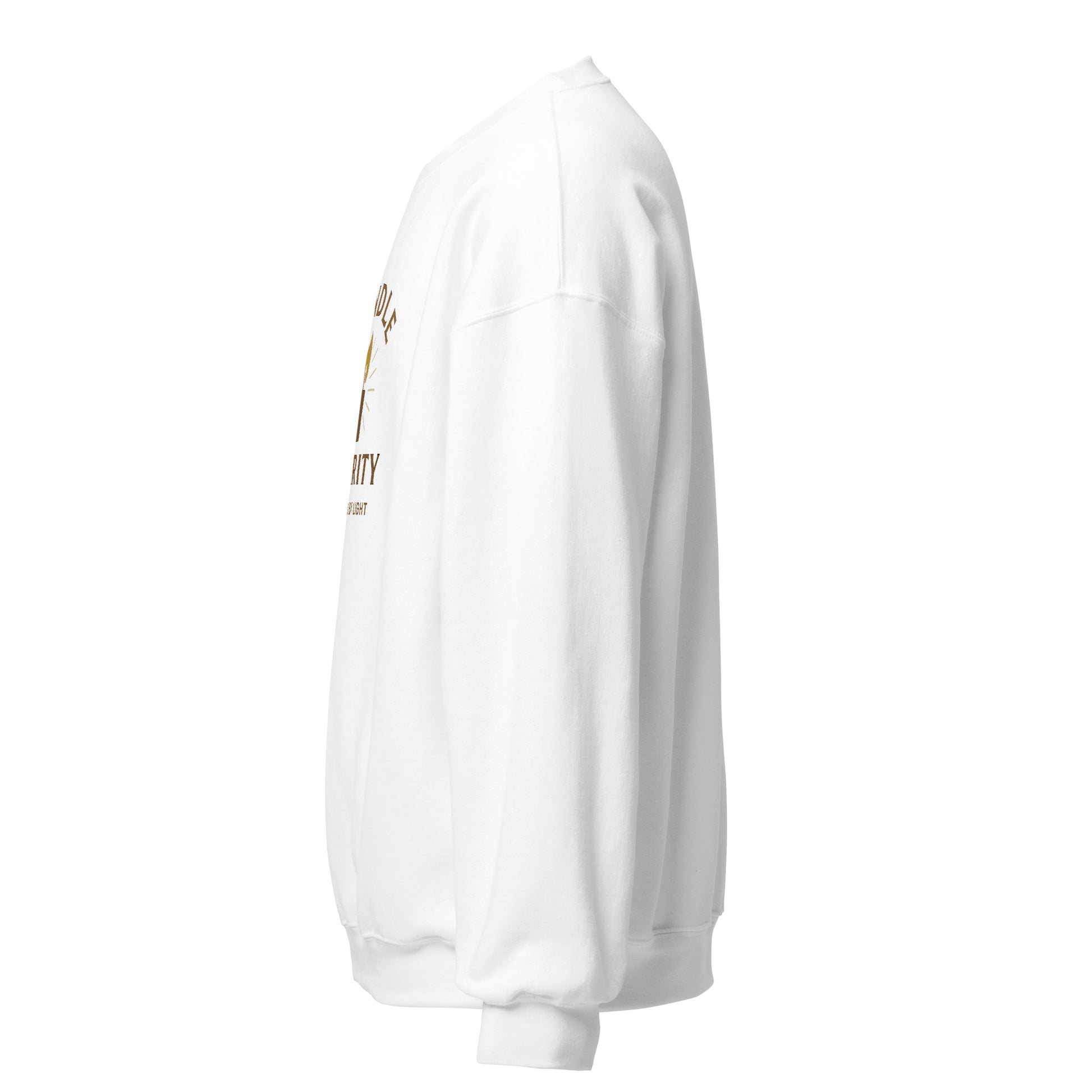 Side view of White Candle Clarity Spiritual Sweatshirt by Enlight Me Center