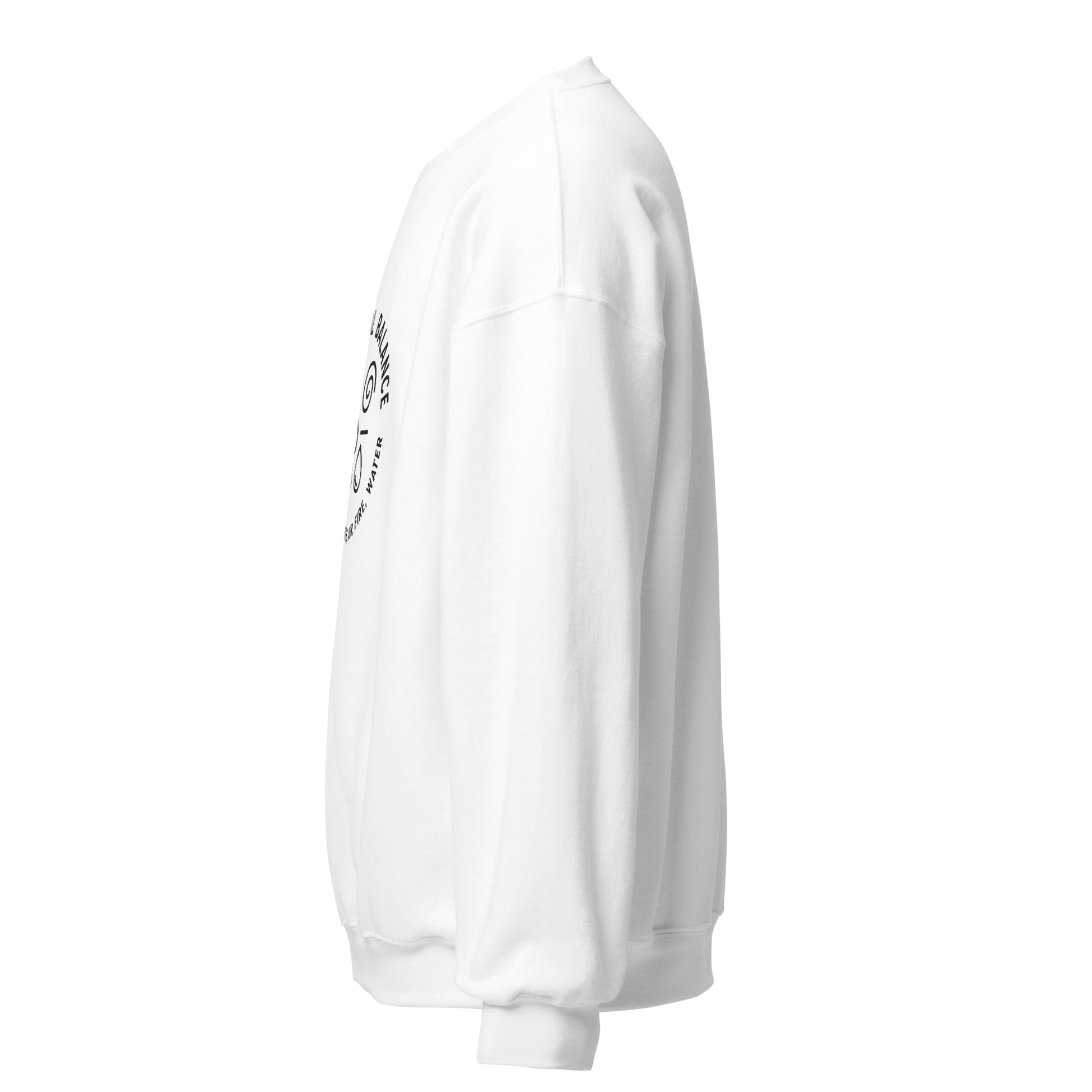 Side view of White Elemental Balance Spiritual Sweatshirt by Enlight Me Center