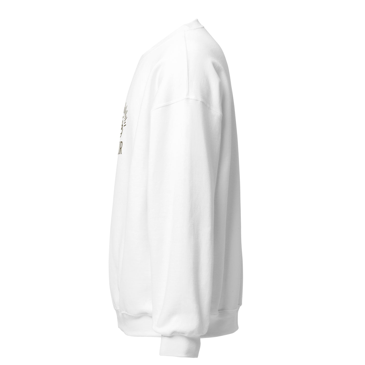 Side view of White NUR Spiritual Sweatshirt by Enlight Me Center