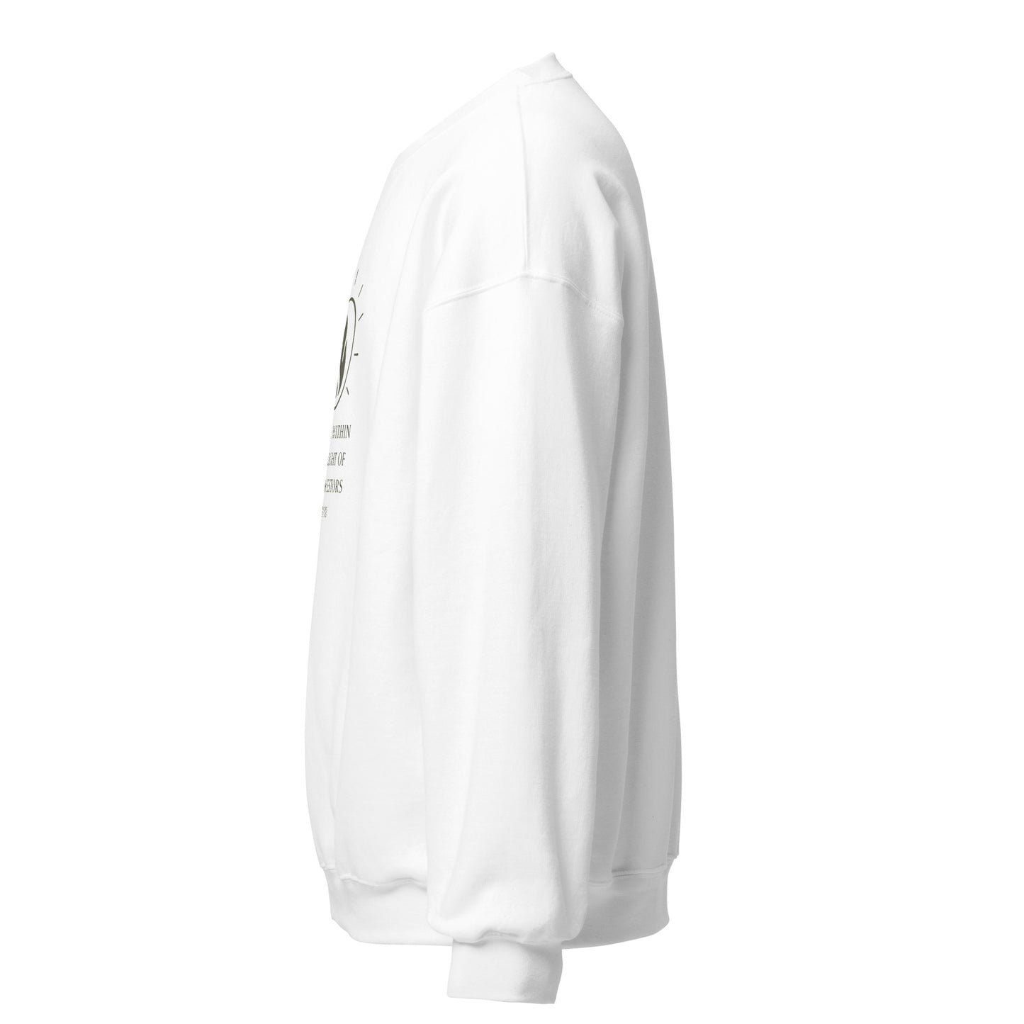 Side view of White The Fire Within is the Light of the Ancestors Spiritual Sweatshirt by Enlight Me Center