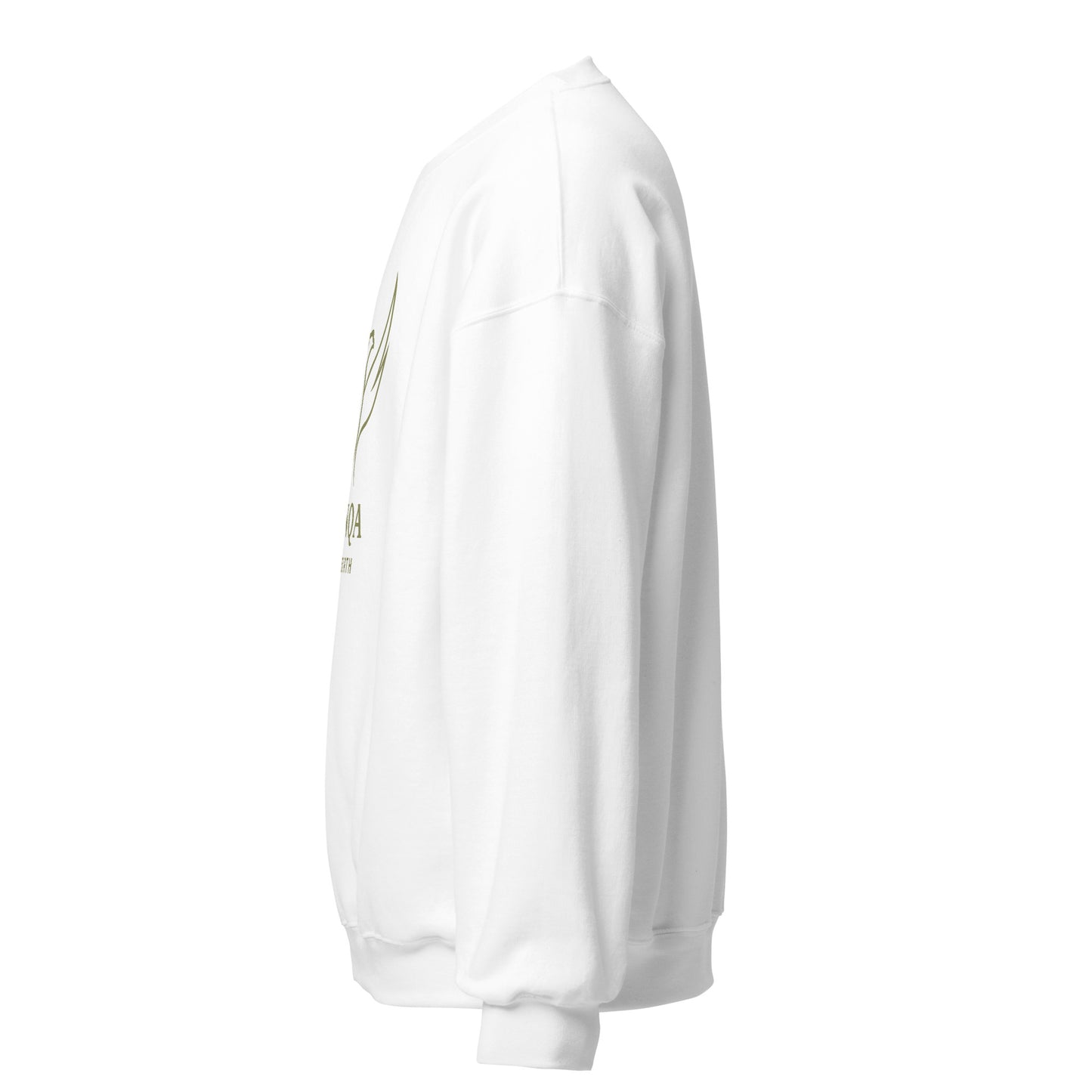 Side view of White ANQA Rebirth Spiritual Sweatshirt by Enlight Me Center