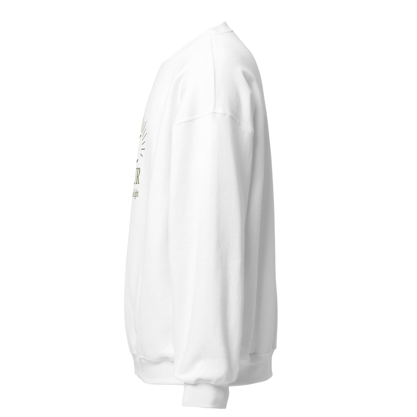 Side view of White NUR Divine Light Spiritual Sweatshirt by Enlight Me Center