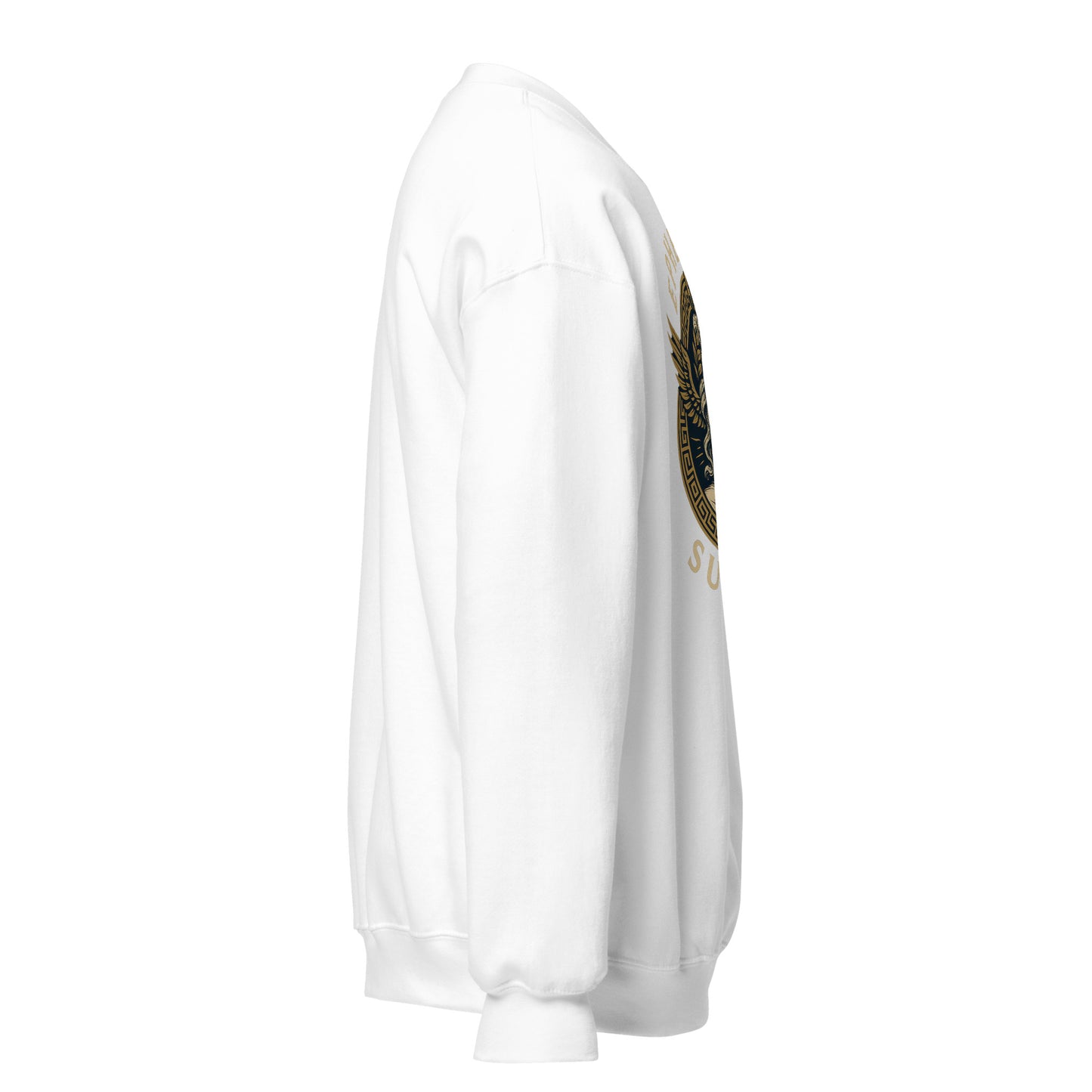 Side view of White Ephessus Zeus The Thunder King Mythology Sweatshirt by Enlight Me Center