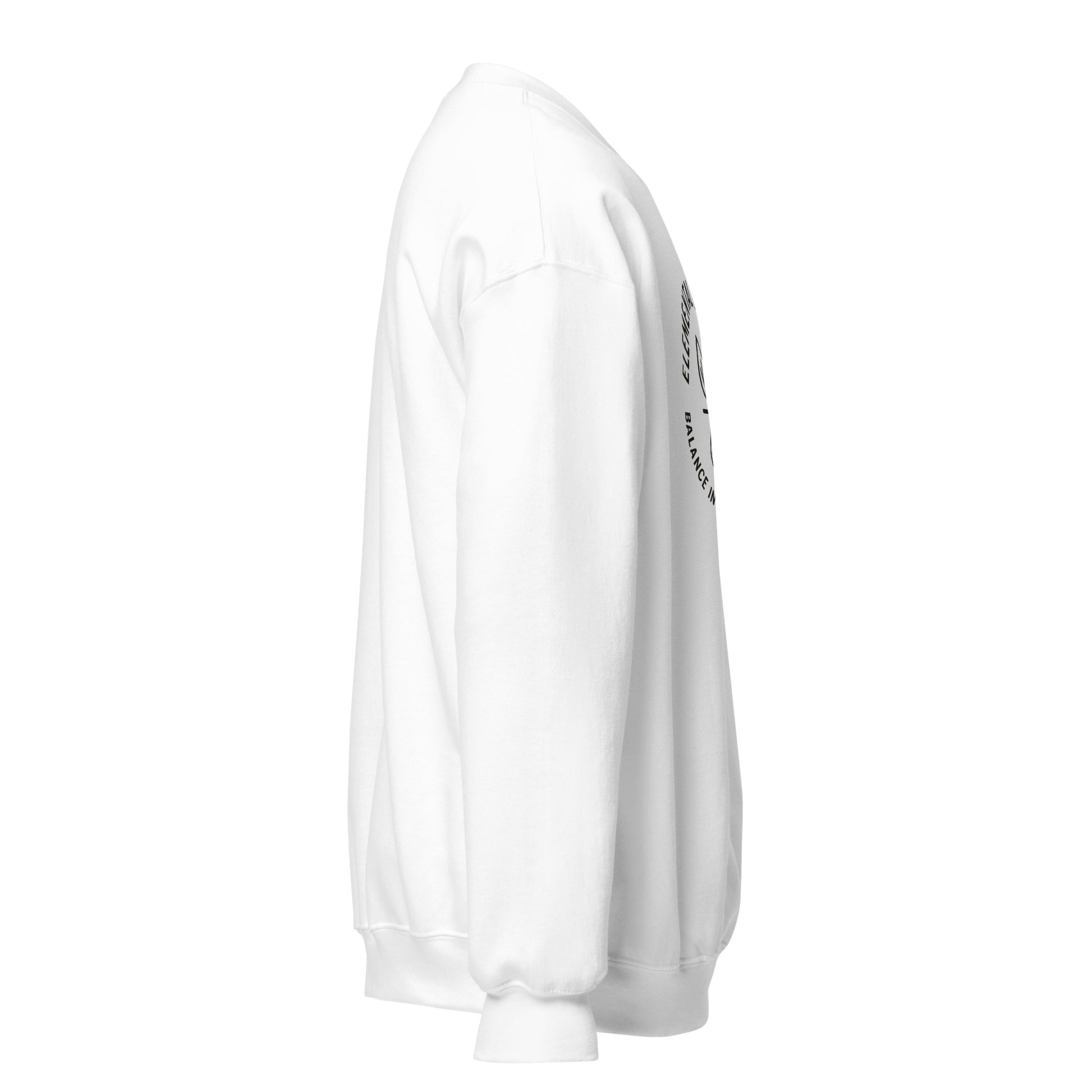 Side view of White Elemental Balance Spiritual Sweatshirt by Enlight Me Center