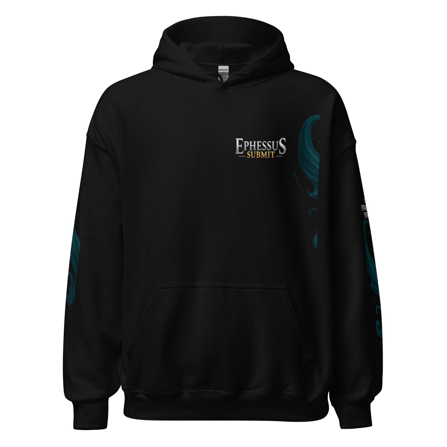 Front view of Black Ephessus Divine Feminine Mermaid Ocean Power Hoodie by Enlight Me Center
