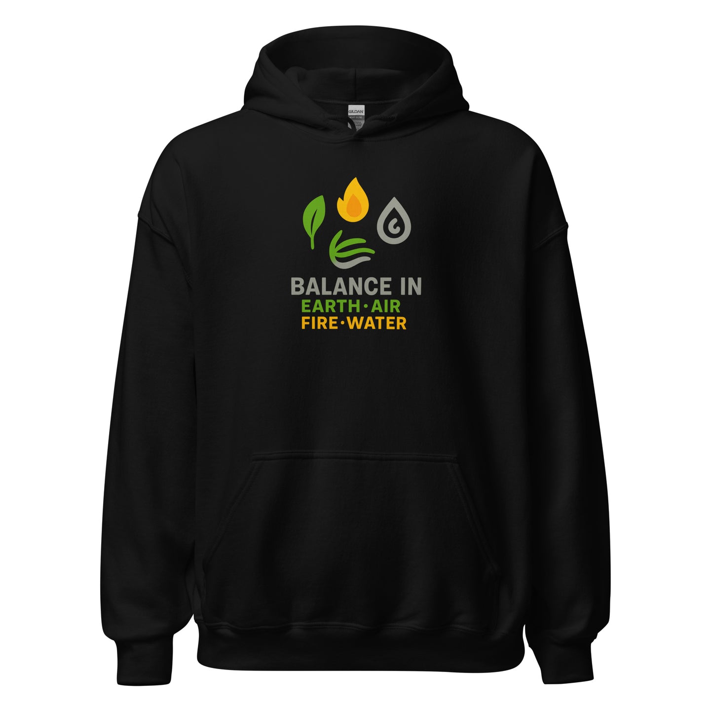 Front view of Black Balance Elements Spiritual Wellness Earth Air Fire Water Spiritual Hoodie by Enlight Me Center