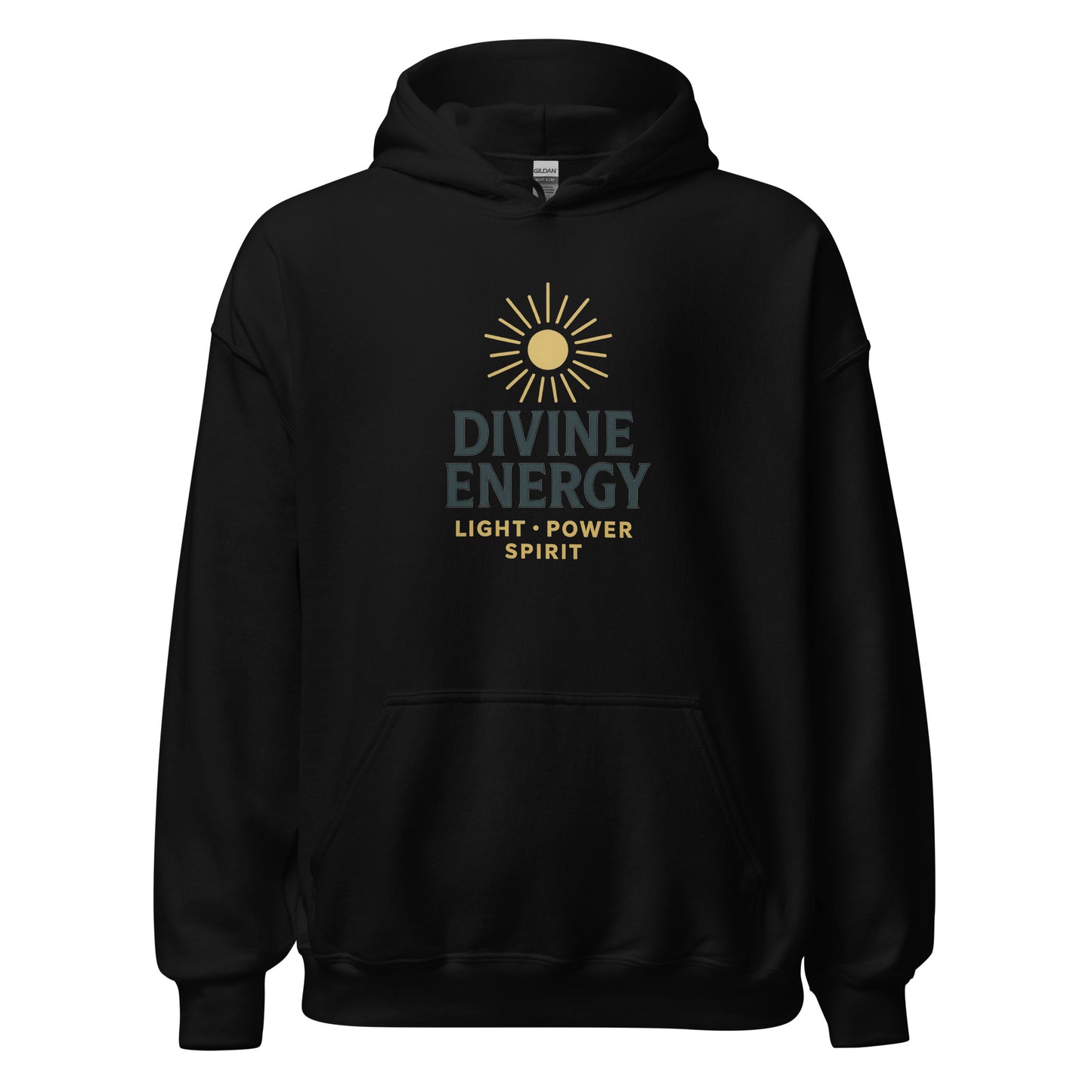 Front view of Black Divine Energy Spiritual Hoodie by Enlight Me Center