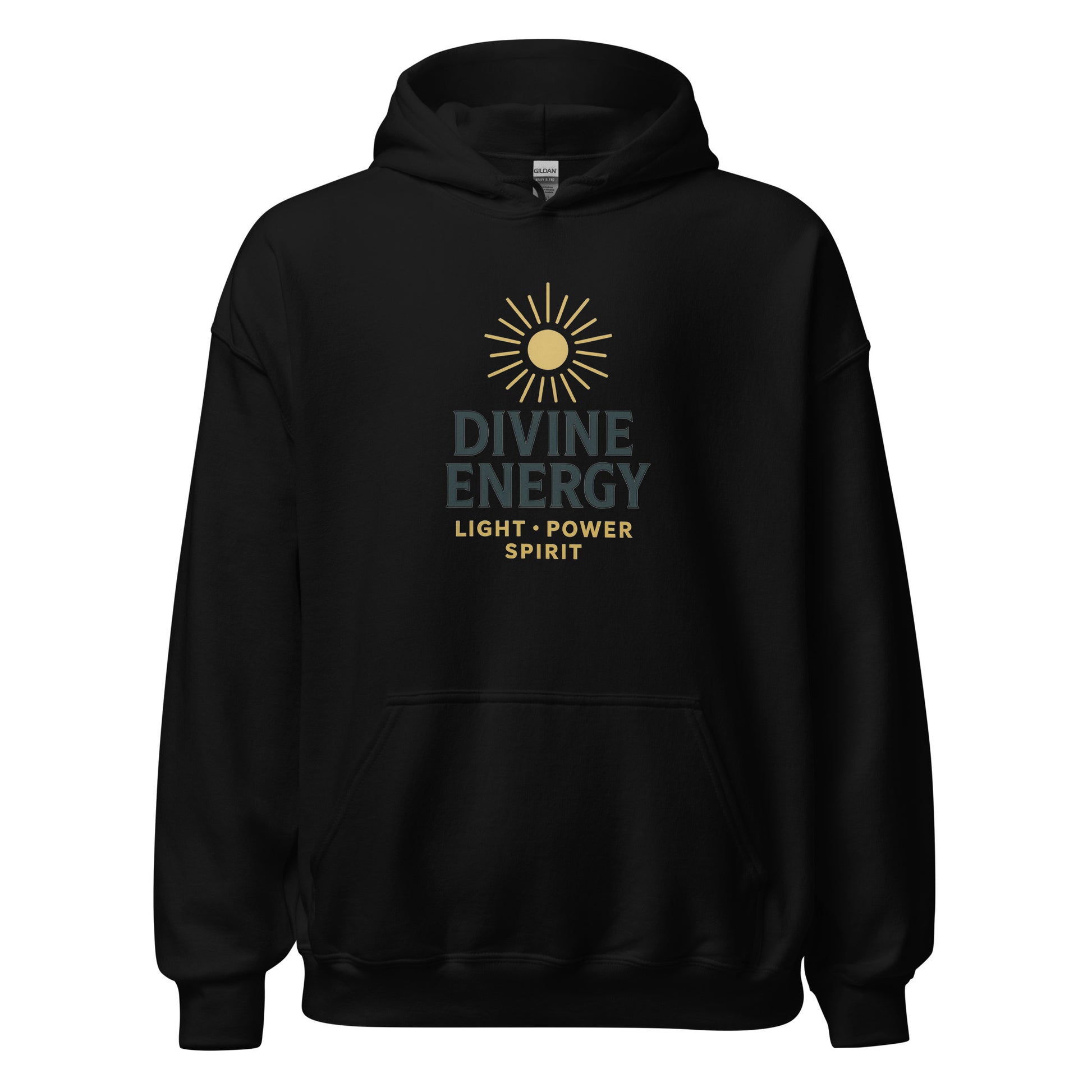 Front view of Black Divine Energy Spiritual Hoodie by Enlight Me Center