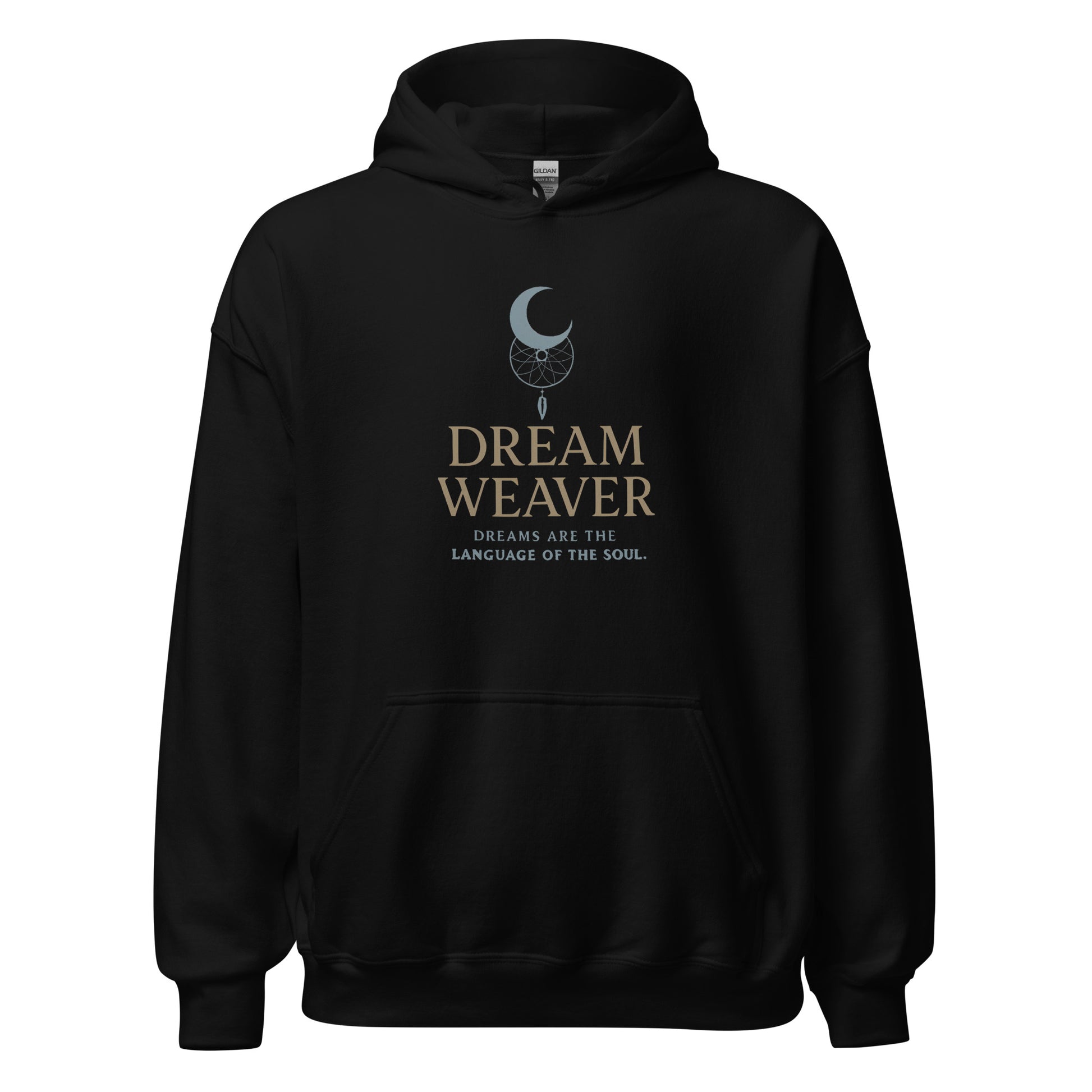 Front view of Black Dream Weaver Soul Language Minimalist Spiritual Spiritual Hoodie by Enlight Me Center