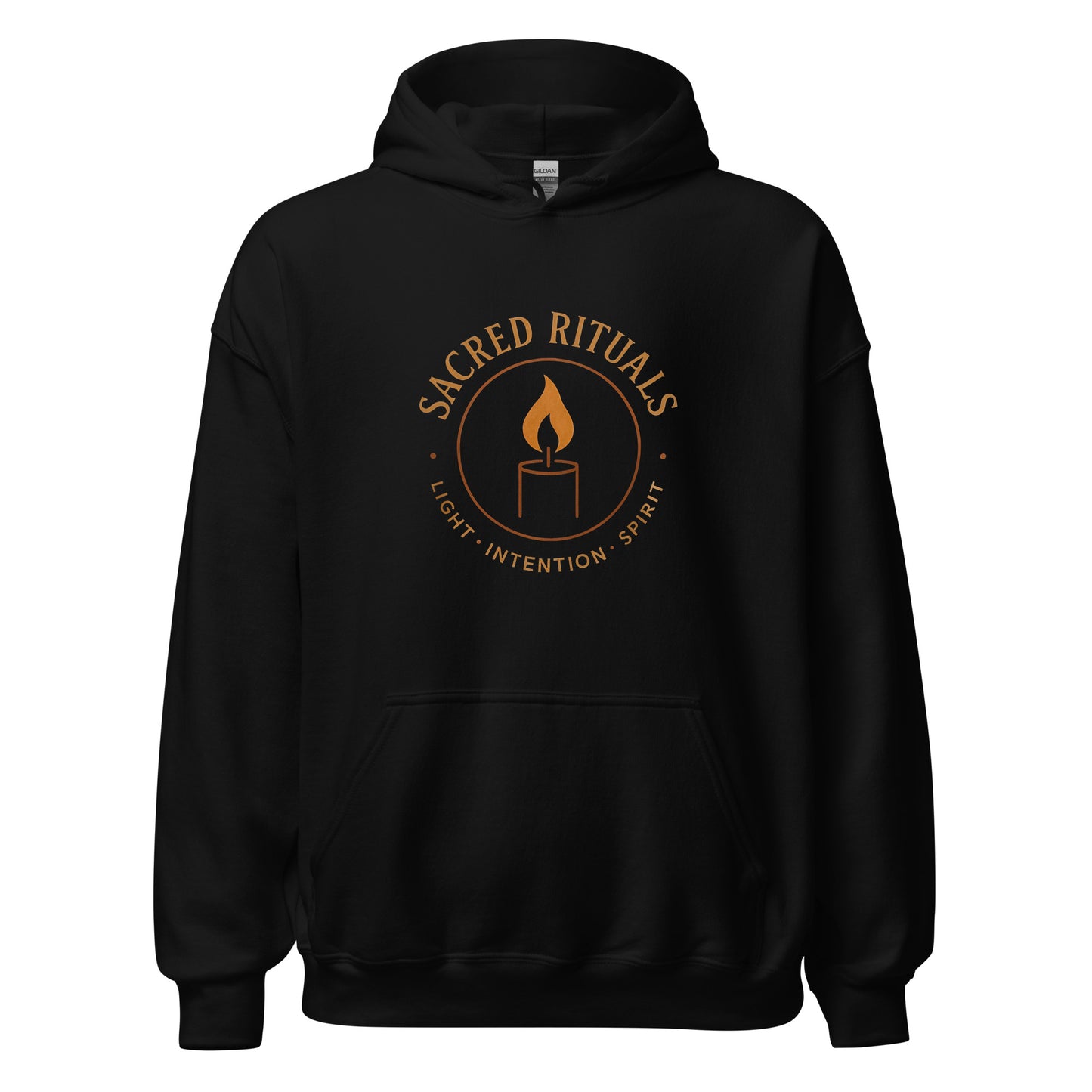 Front view of Black Sacred Rituals Spiritual Hoodie by Enlight Me Center
