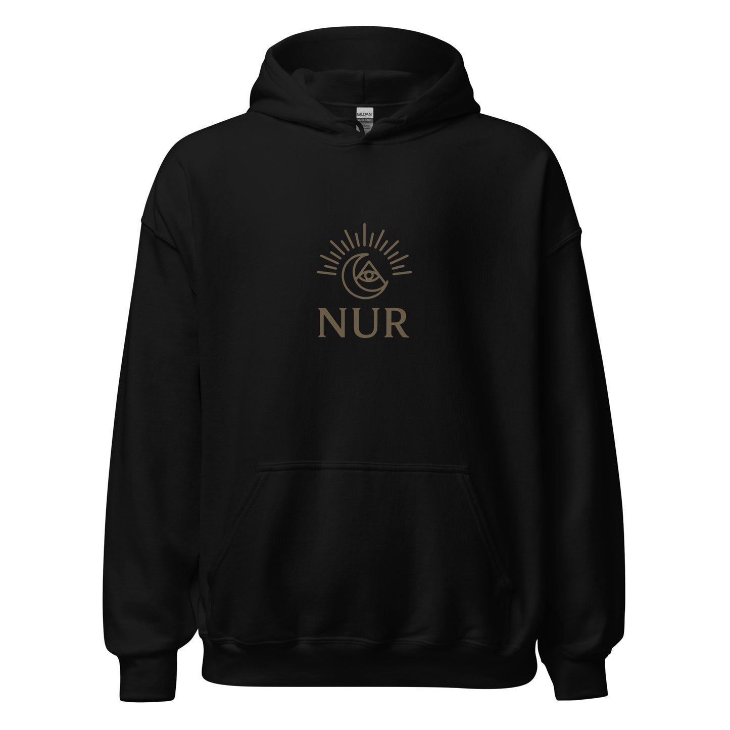 Front view of Black NUR Spiritual Hoodie by Enlight Me Center
