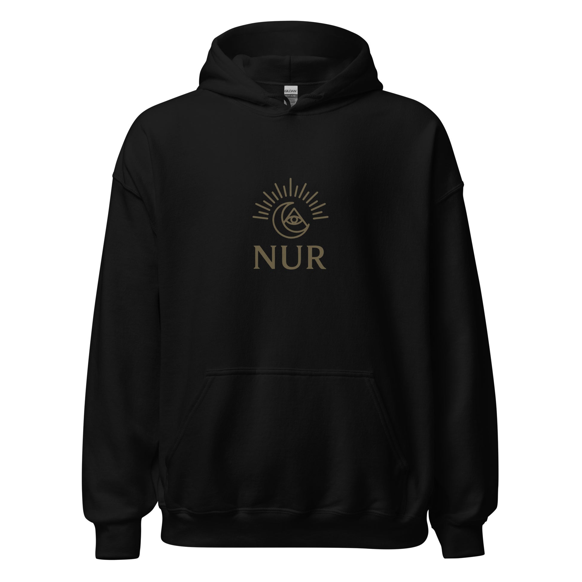 Front view of Black NUR Spiritual Hoodie by Enlight Me Center
