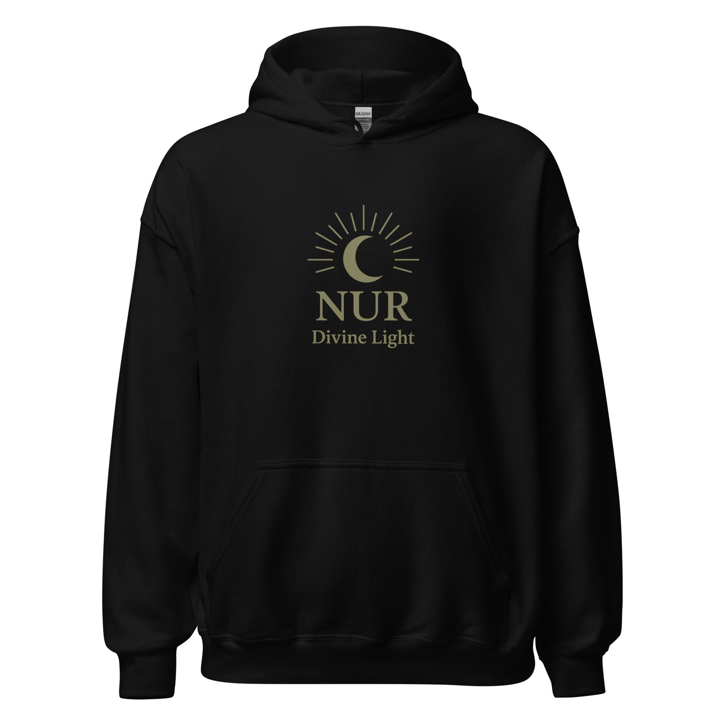 Front view of Black NUR Divine Light Spiritual Hoodie by Enlight Me Center