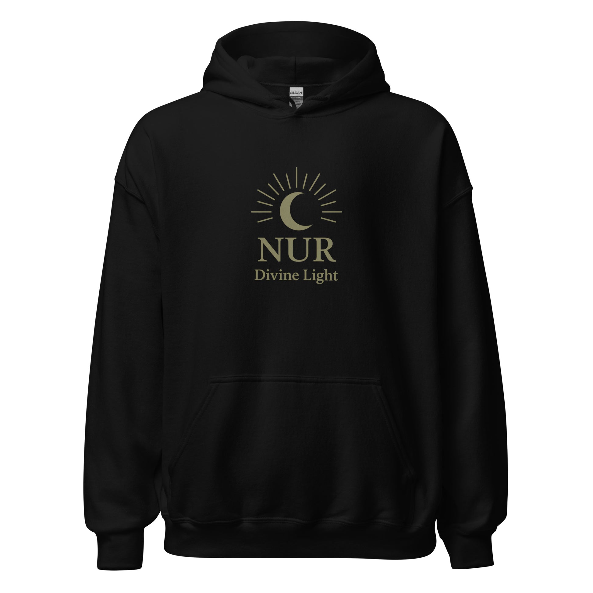 Front view of Black NUR Divine Light Spiritual Hoodie by Enlight Me Center