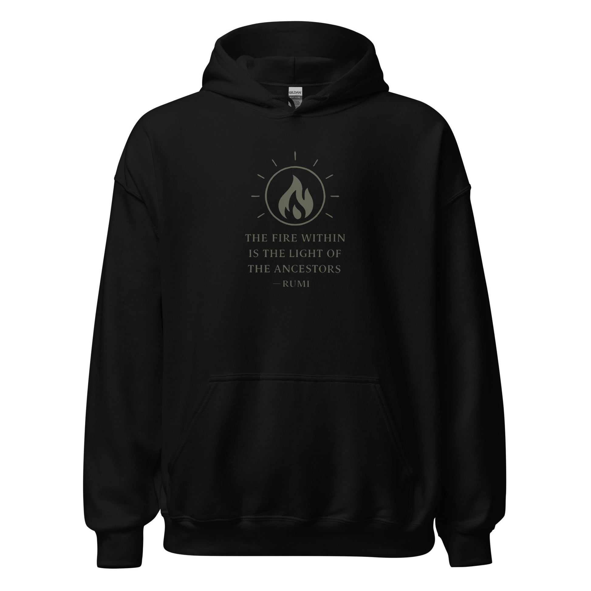 Front view of Black The Fire Within is the Light of the Ancestors Spiritual Hoodie by Enlight Me Center
