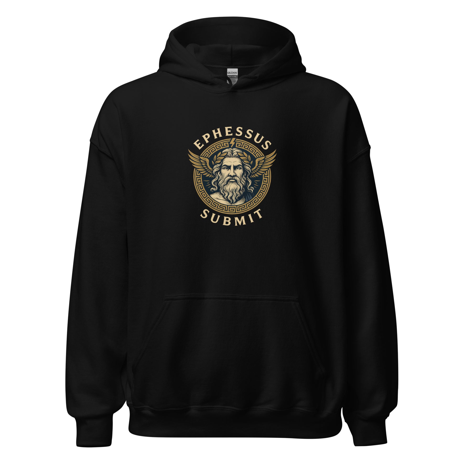 Front view of Black Ephessus Zeus The Thunder King Mythology Hoodie by Enlight Me Center