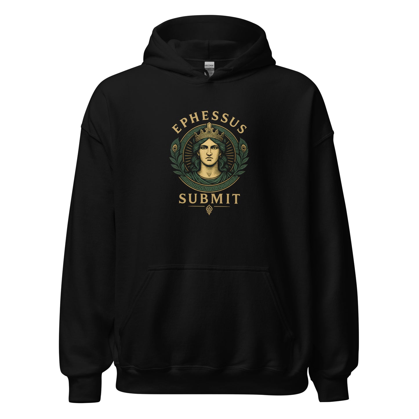Front view of Black Ephessus Hera The Sovereign Queen Divine Feminine Hoodie by Enlight Me Center