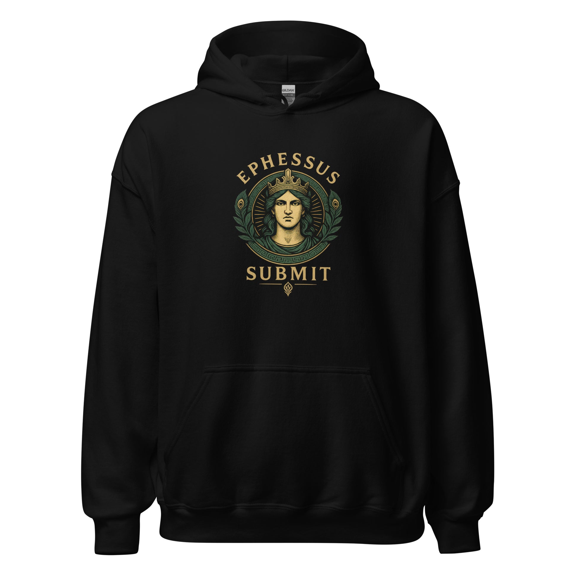 Front view of Black Ephessus Hera The Sovereign Queen Divine Feminine Hoodie by Enlight Me Center