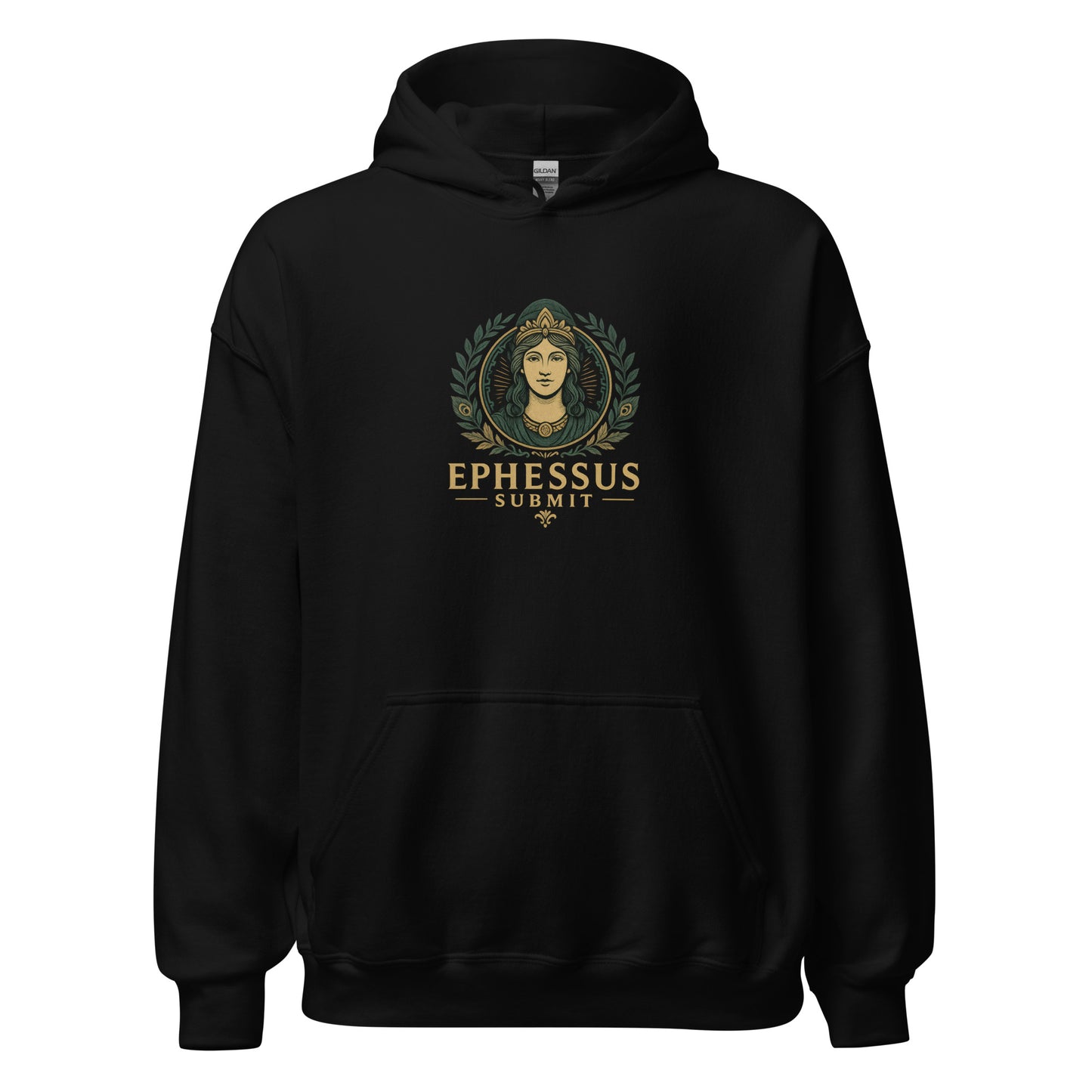 Front view of Black Ephessus Hera The Sovereign Queen Divine Feminine Hoodie by Enlight Me Center