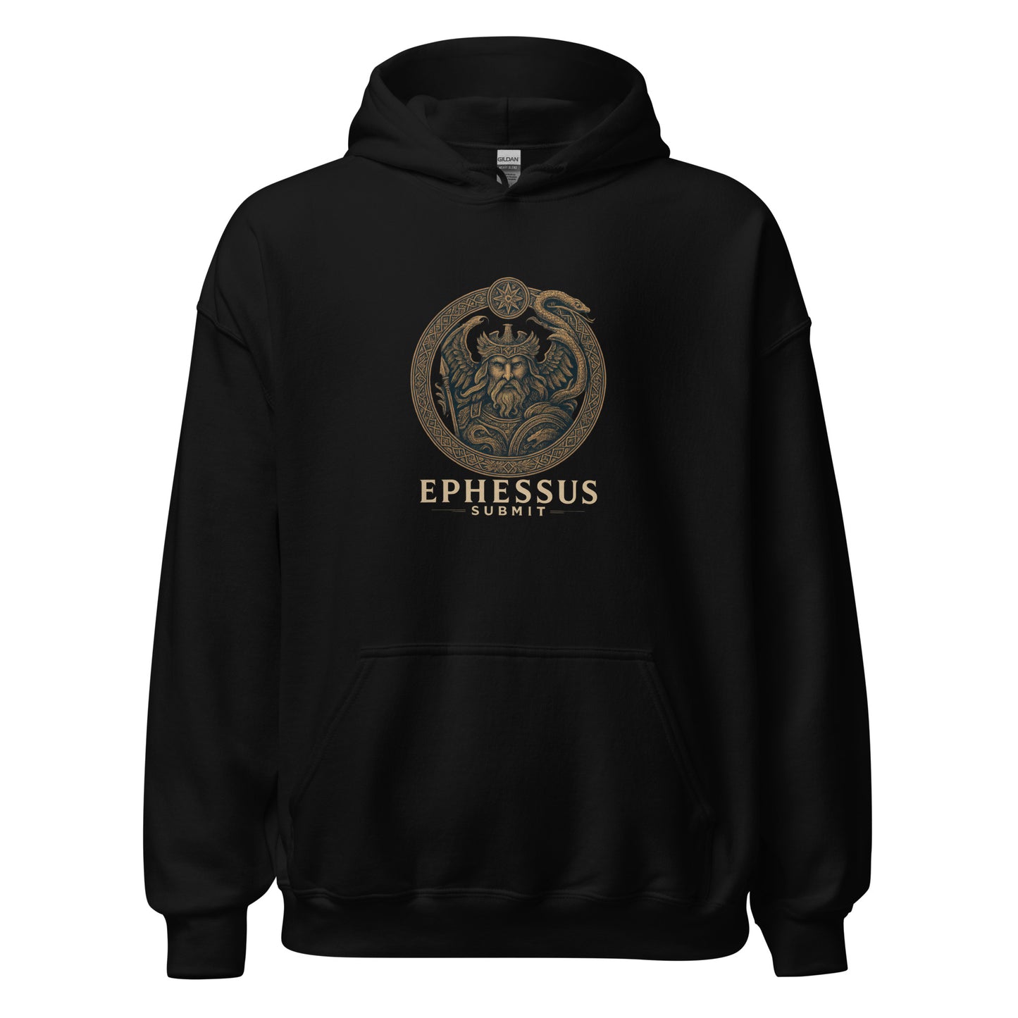 Front view of Black Ephessus Poseidon The Storm Bringer Mythology Hoodie by Enlight Me Center