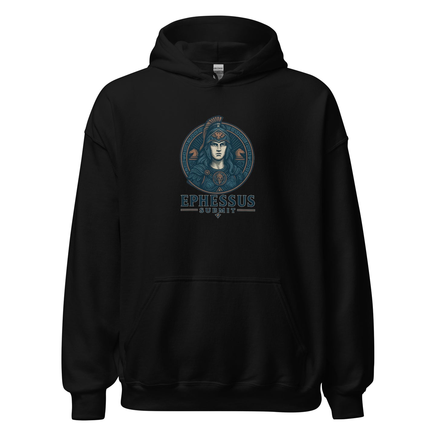 Front view of Black Ephessus Athena The Defender Divine Feminine Hoodie by Enlight Me Center