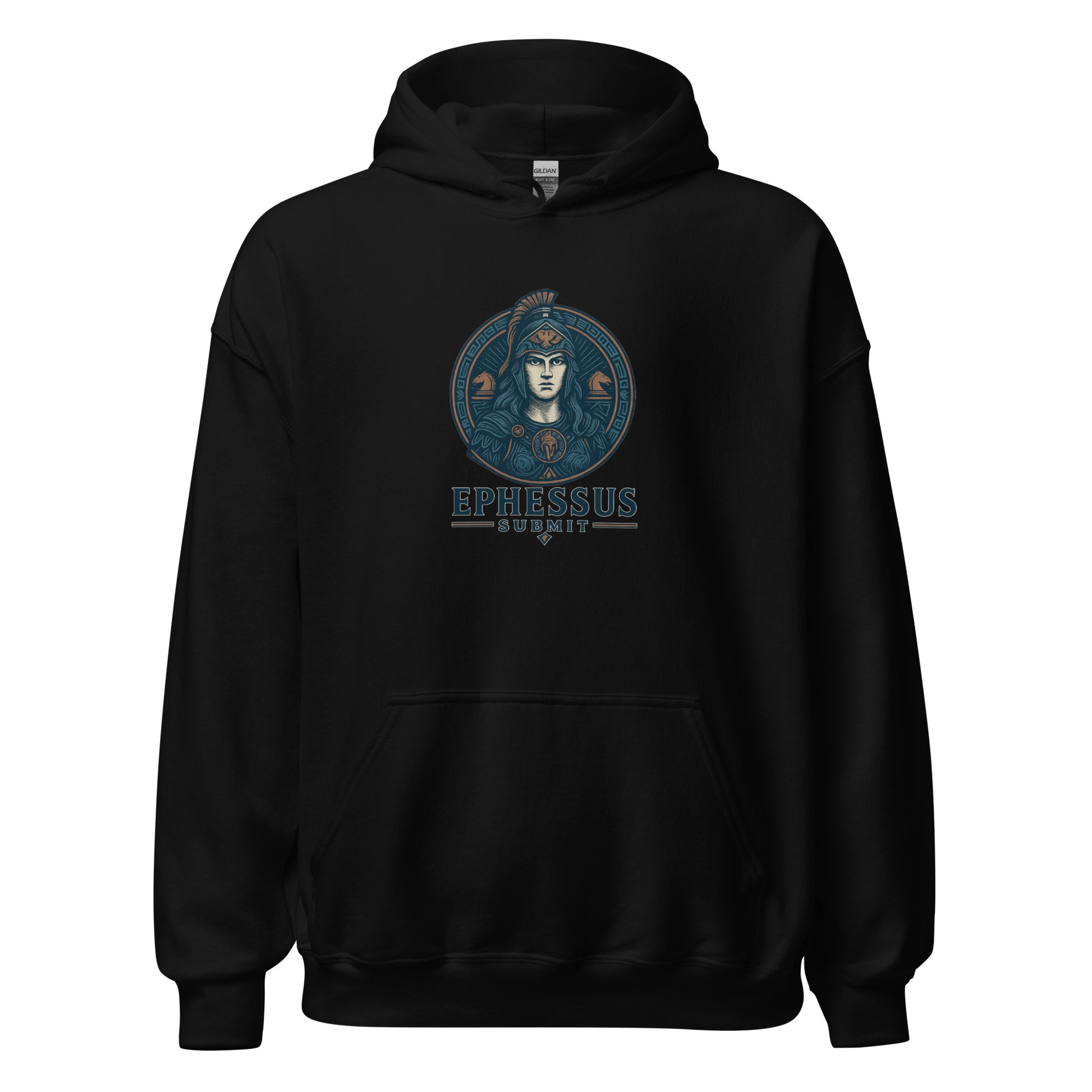 Front view of Black Ephessus Athena The Defender Divine Feminine Hoodie by Enlight Me Center