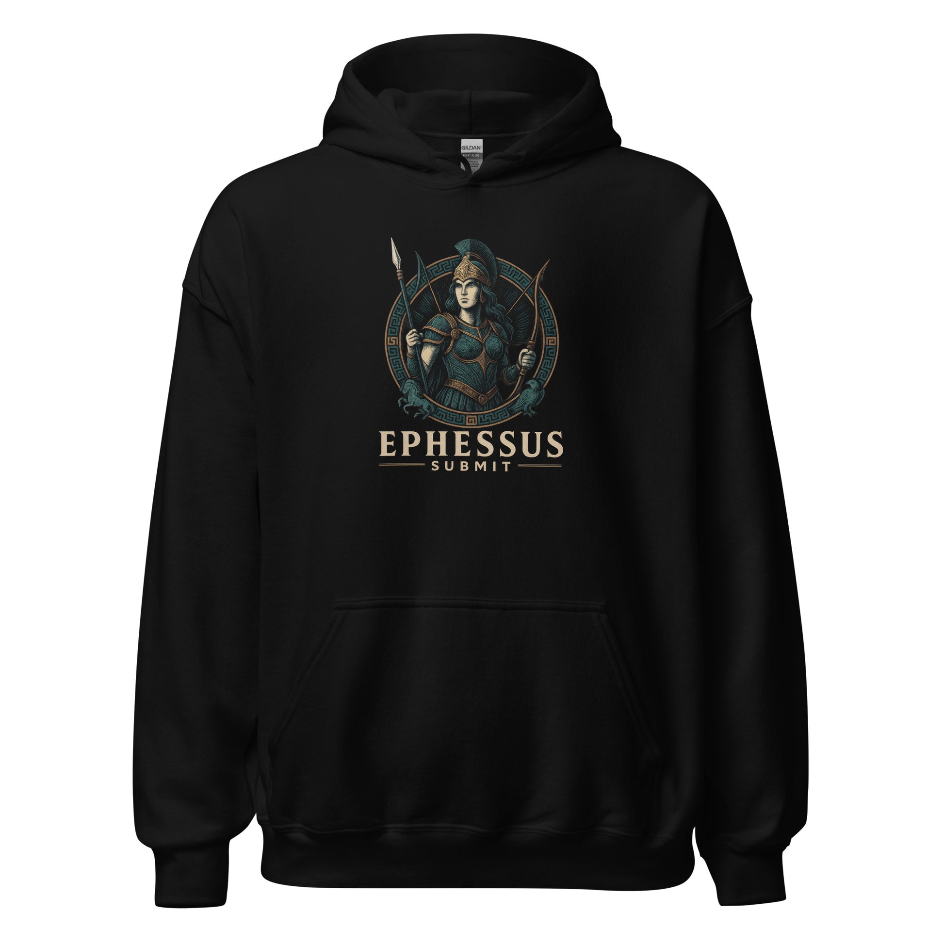 Front view of Black Ephessus Athena The Owl-Bearer Divine Feminine Hoodie by Enlight Me Center