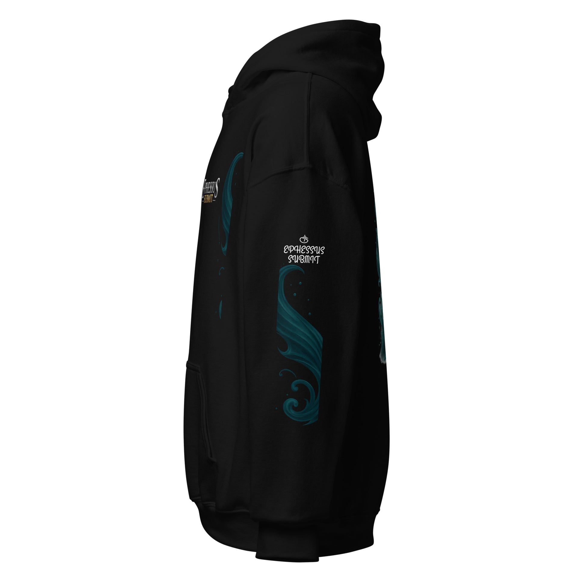 Side view of Black Ephessus Divine Feminine Mermaid Ocean Power Hoodie by Enlight Me Center