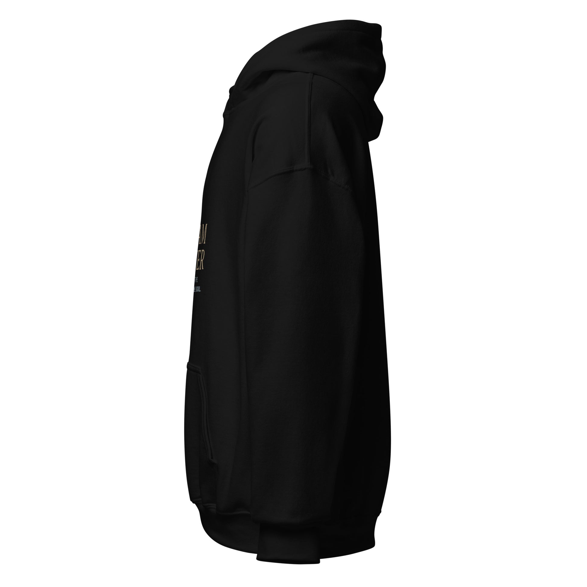 Side view of Black Dream Weaver Soul Language Minimalist Spiritual Spiritual Hoodie by Enlight Me Center