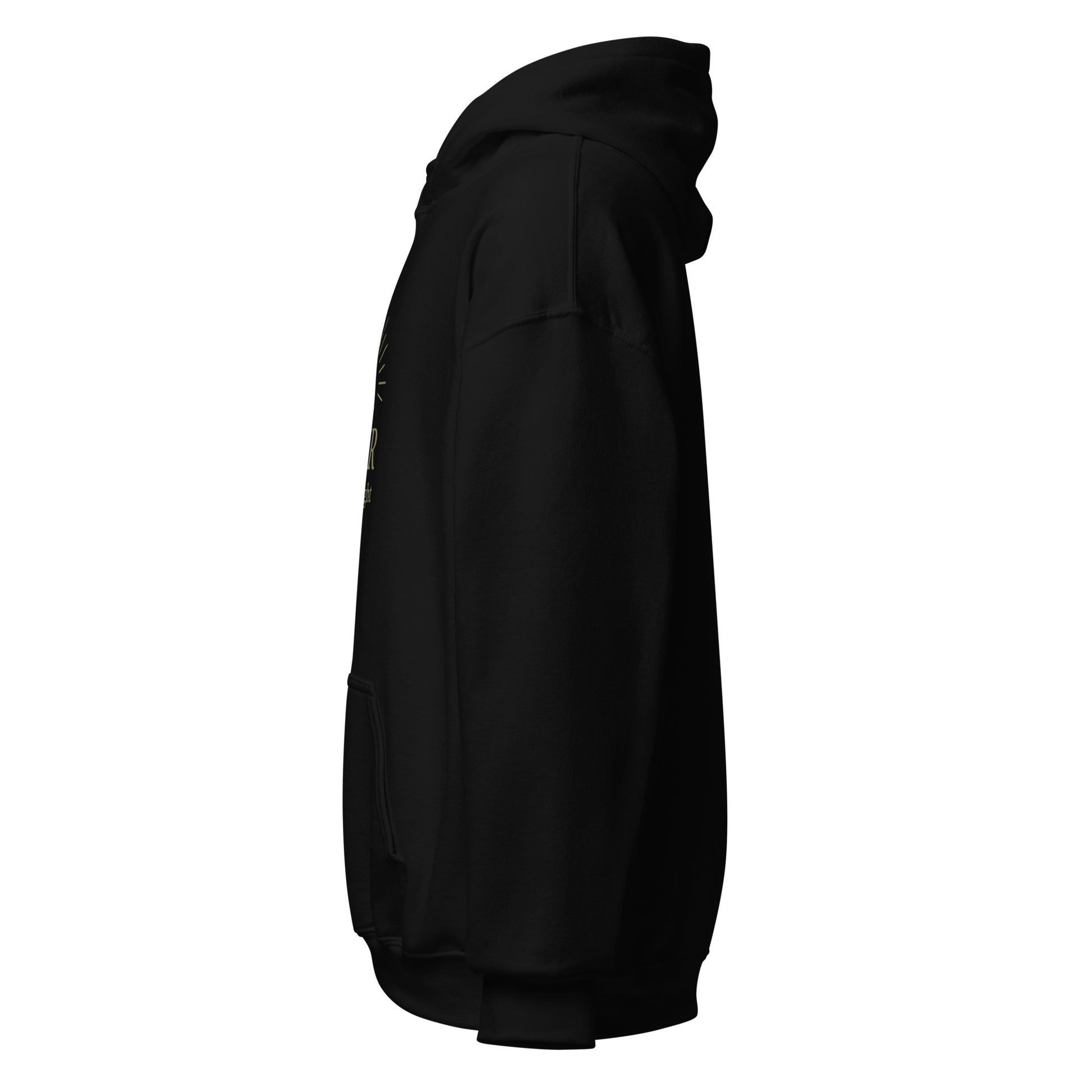 Side view of Black NUR Divine Light Spiritual Hoodie by Enlight Me Center