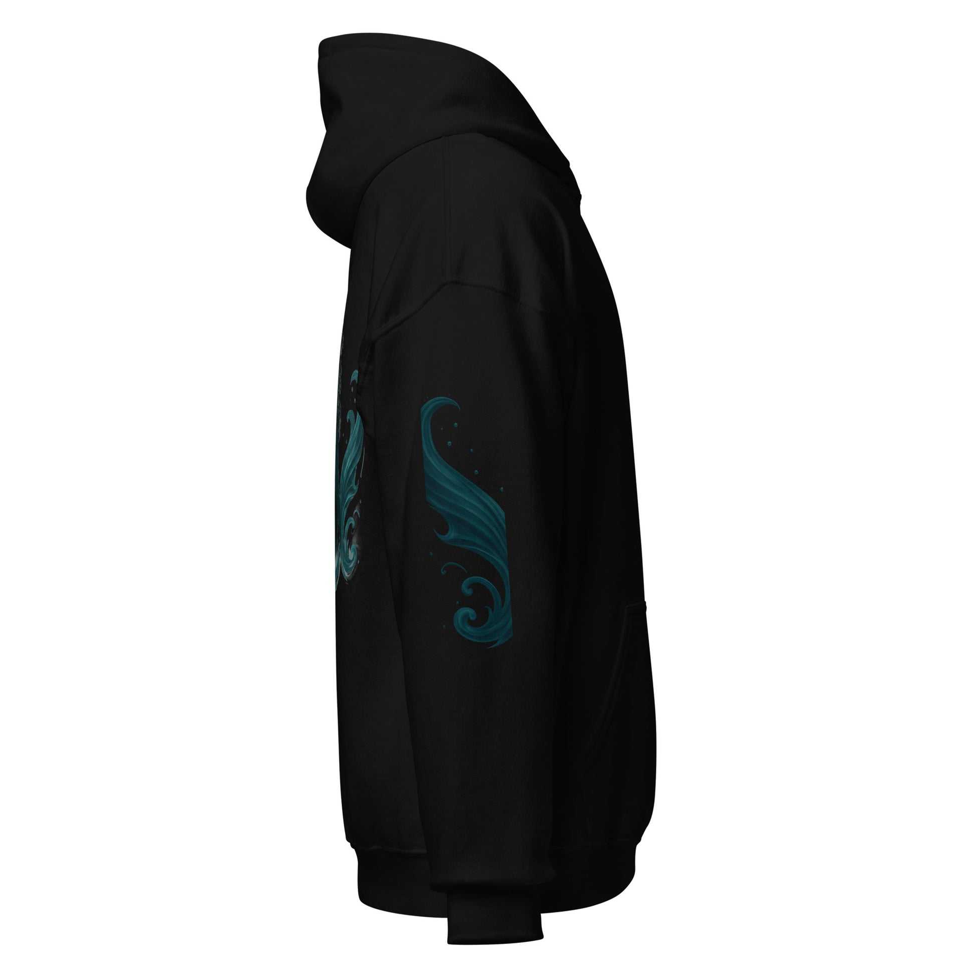 Side view of Black Ephessus Divine Feminine Mermaid Ocean Power Hoodie by Enlight Me Center