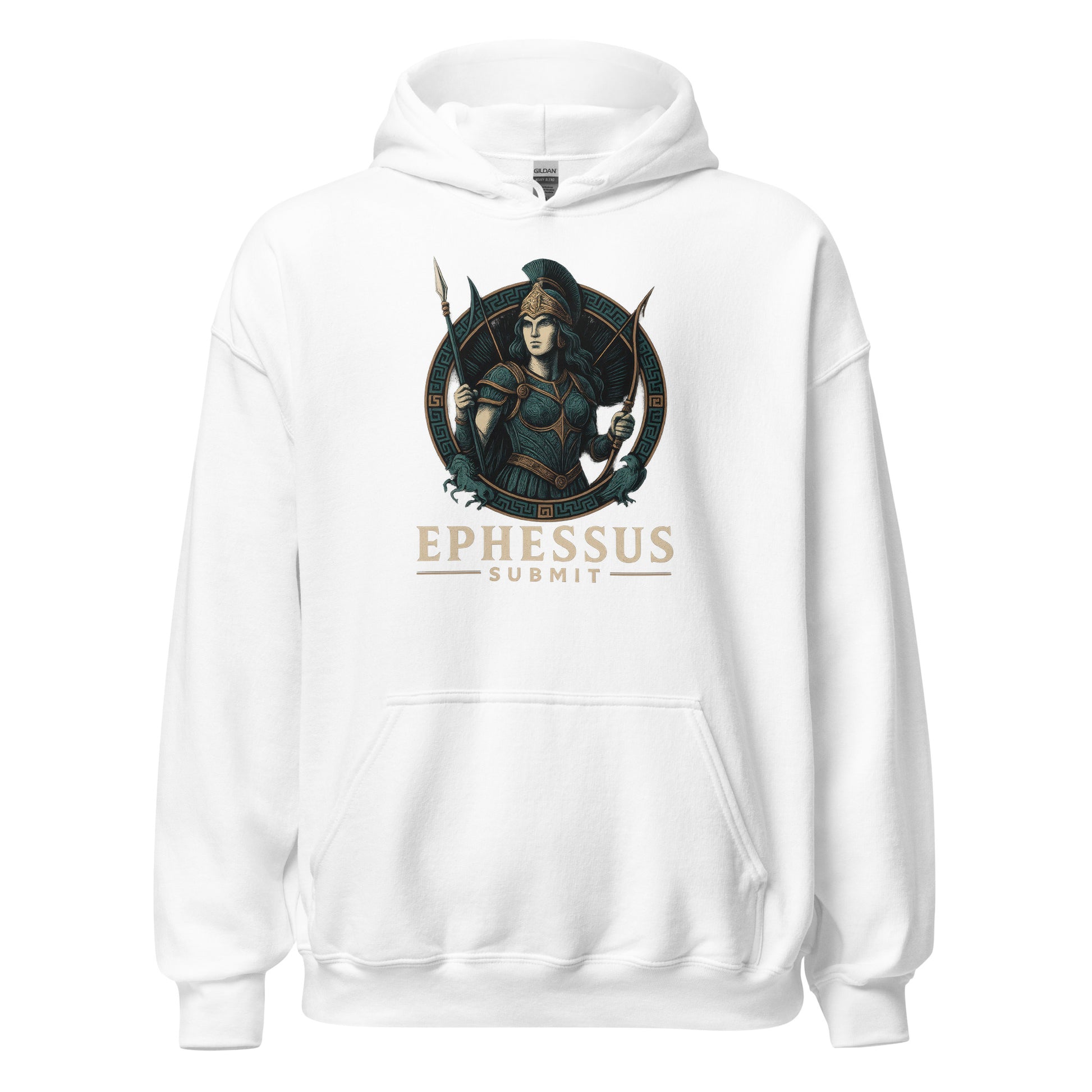 Front view of White Ephessus Athena The Owl-Bearer Divine Feminine Hoodie by Enlight Me Center