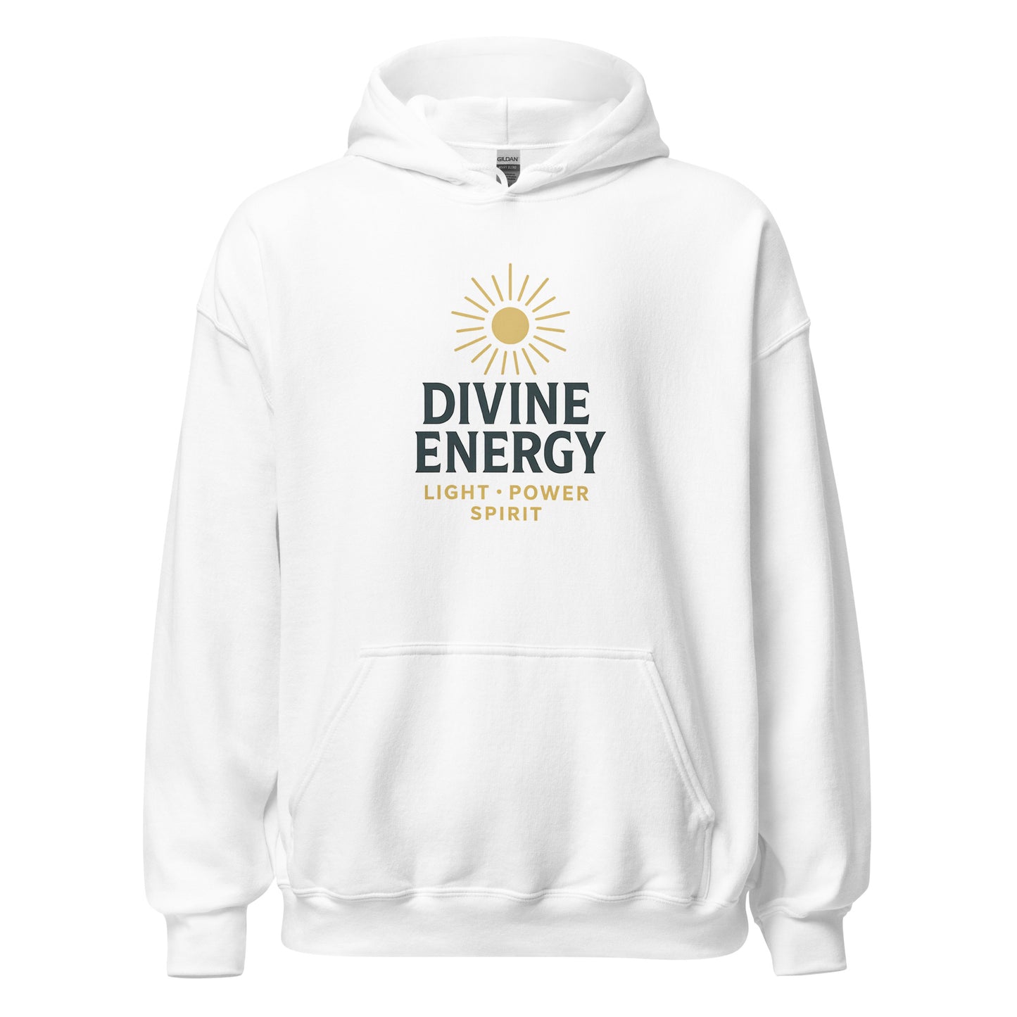 Front view of White Divine Energy Spiritual Hoodie by Enlight Me Center