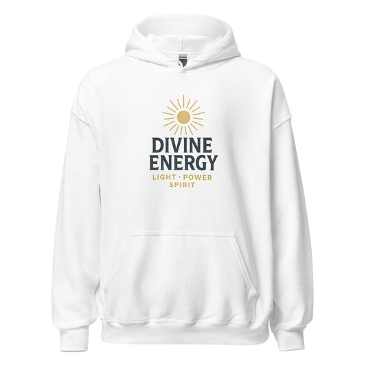 Front view of White Divine Energy Spiritual Hoodie by Enlight Me Center