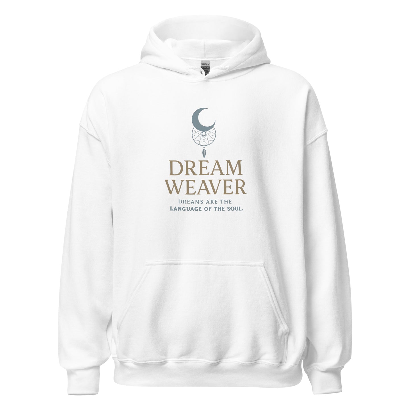 Front view of White Dream Weaver Soul Language Minimalist Spiritual Spiritual Hoodie by Enlight Me Center