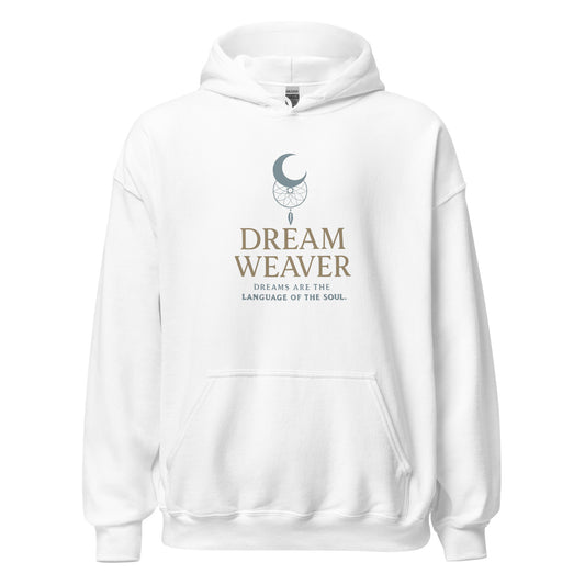 Front view of White Dream Weaver Soul Language Minimalist Spiritual Spiritual Hoodie by Enlight Me Center