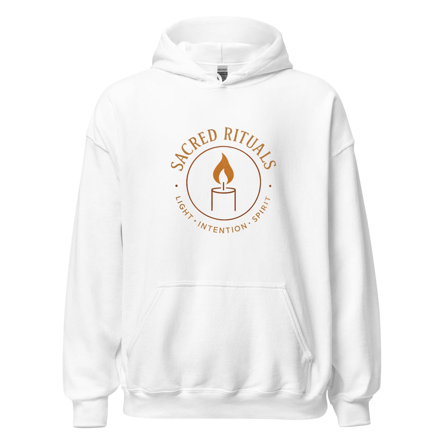 Front view of White Sacred Rituals Spiritual Hoodie by Enlight Me Center