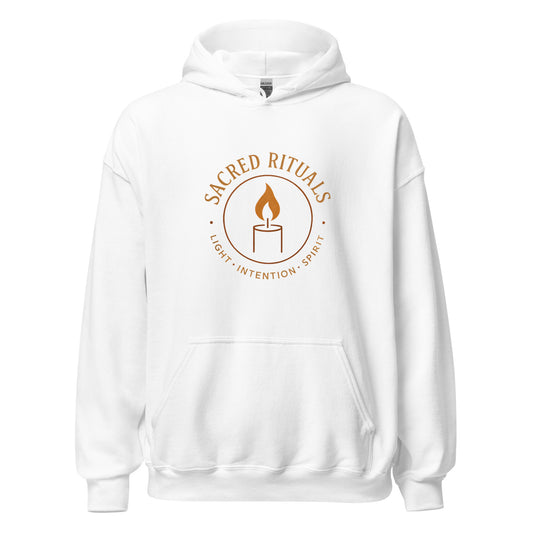 Front view of White Sacred Rituals Spiritual Hoodie by Enlight Me Center