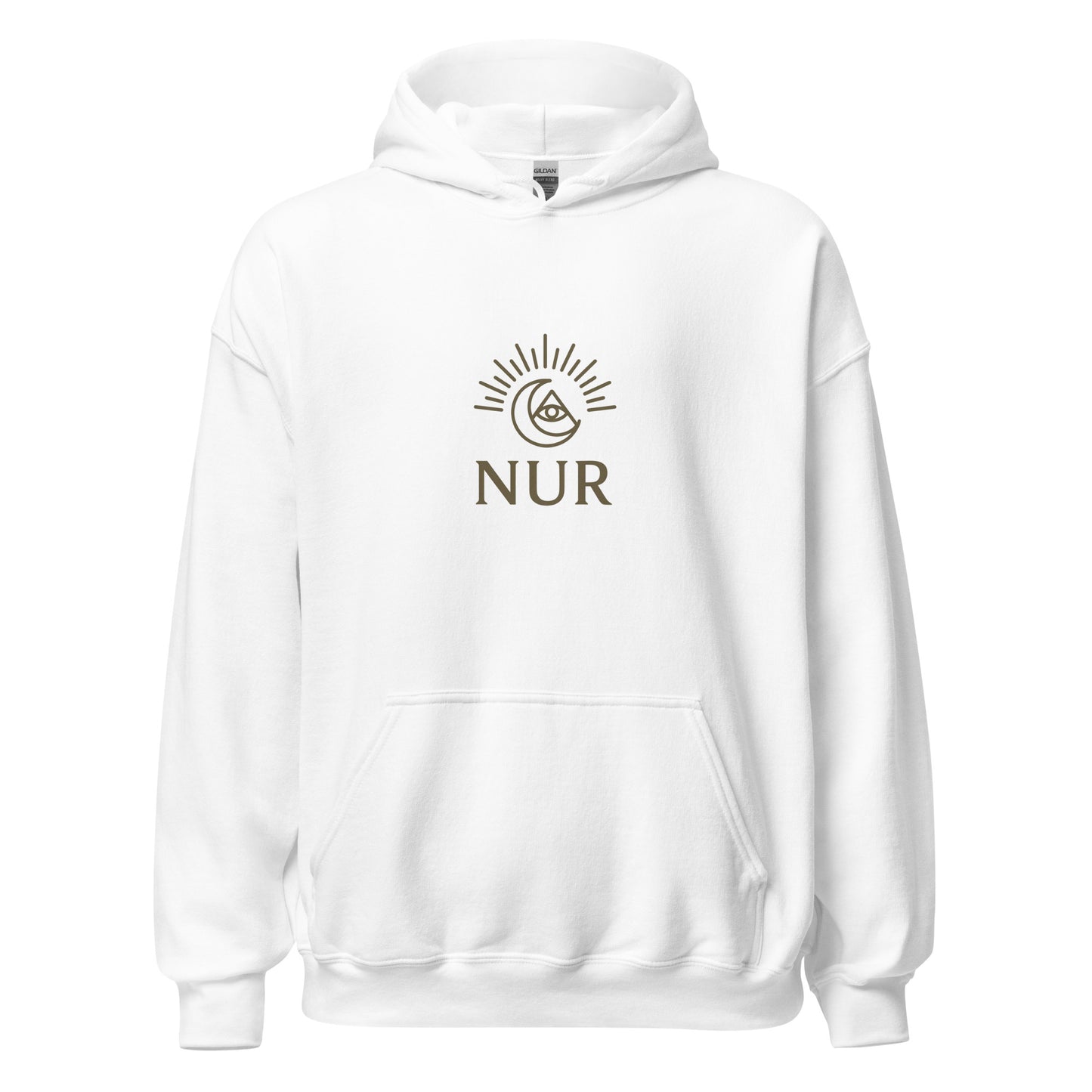 Front view of White NUR Spiritual Hoodie by Enlight Me Center