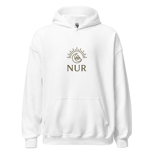 Front view of White NUR Spiritual Hoodie by Enlight Me Center