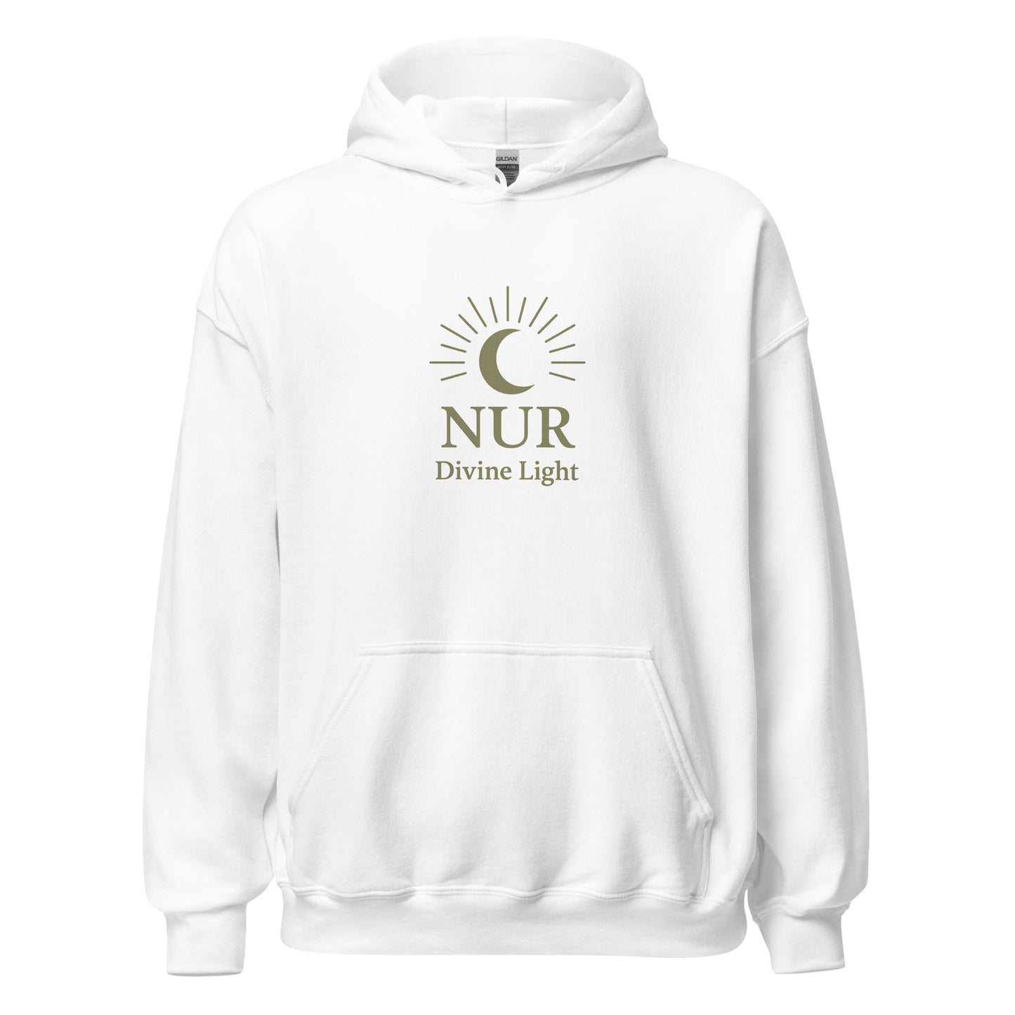 Front view of White NUR Divine Light Spiritual Hoodie by Enlight Me Center