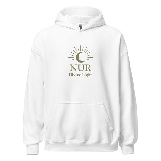 Front view of White NUR Divine Light Spiritual Hoodie by Enlight Me Center