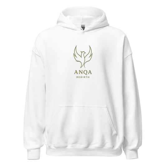Front view of White ANQA Rebirth Spiritual Transformation Spiritual Hoodie by Enlight Me Center