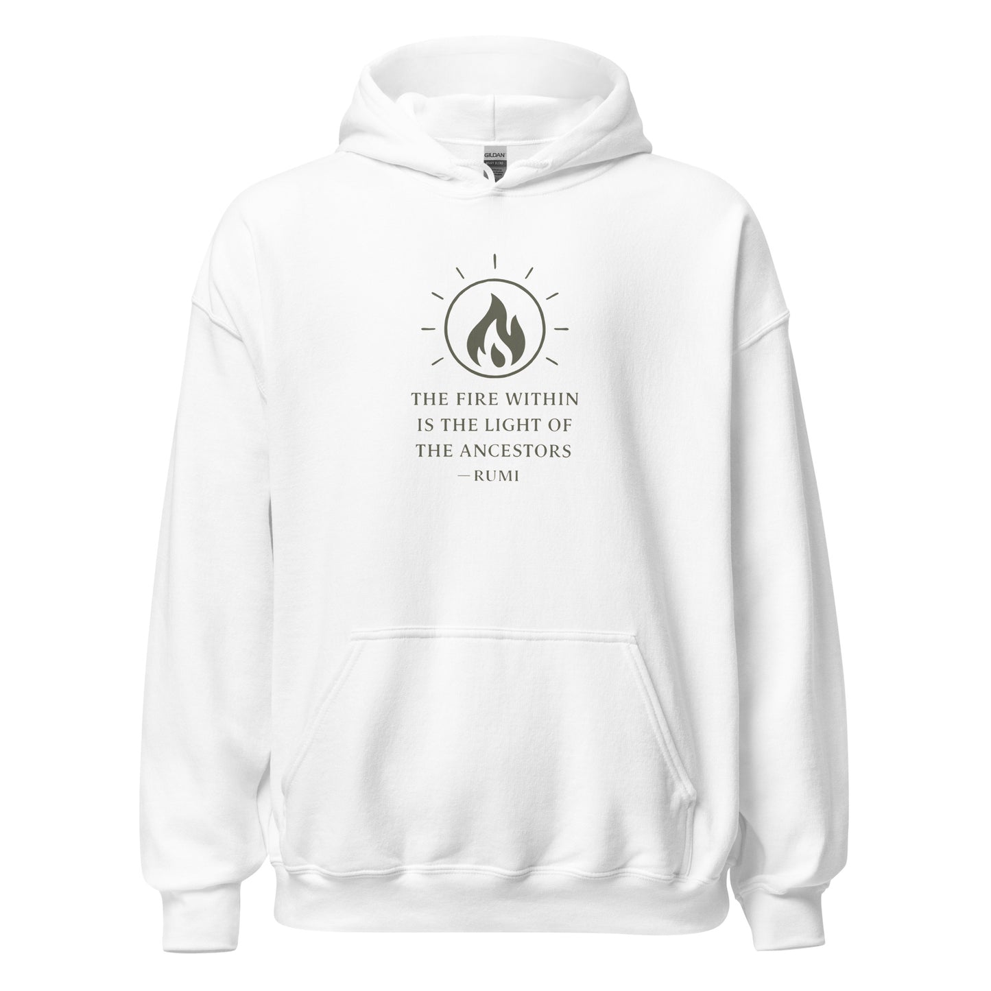 Front view of White The Fire Within is the Light of the Ancestors Spiritual Hoodie by Enlight Me Center
