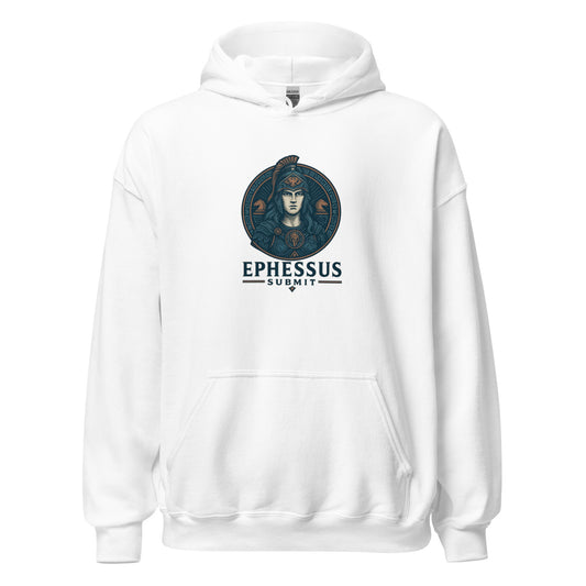 Front view of White Ephessus Athena The Defender Divine Feminine Hoodie by Enlight Me Center