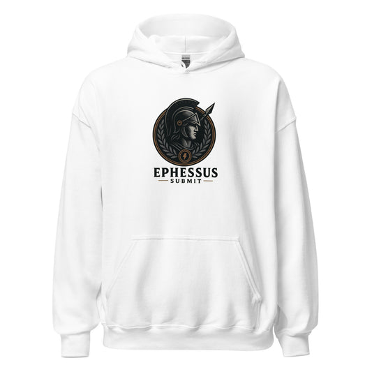 Front view of White Ephessus Athena Eternal Warrior Divine Feminine Hoodie by Enlight Me Center