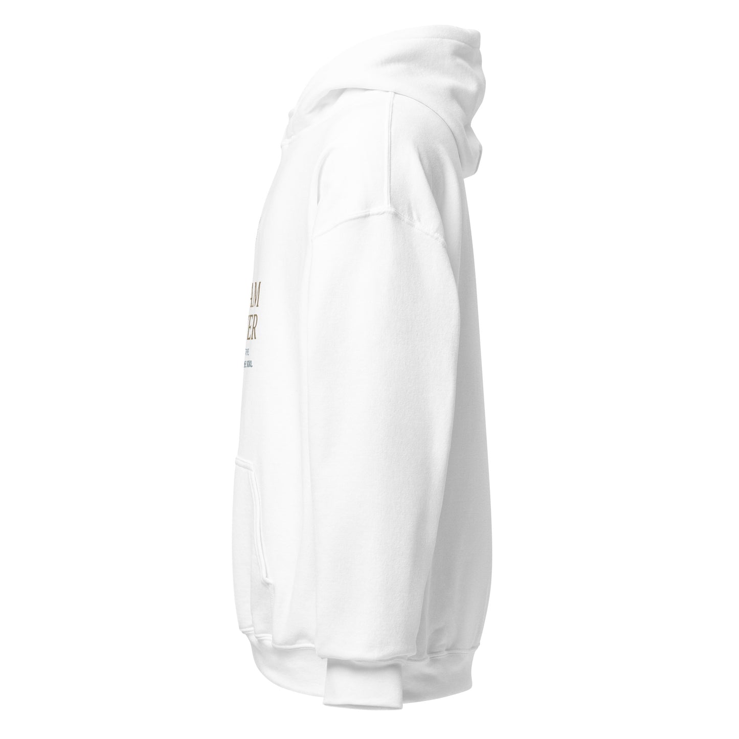 Side view of White Dream Weaver Soul Language Minimalist Spiritual Spiritual Hoodie by Enlight Me Center