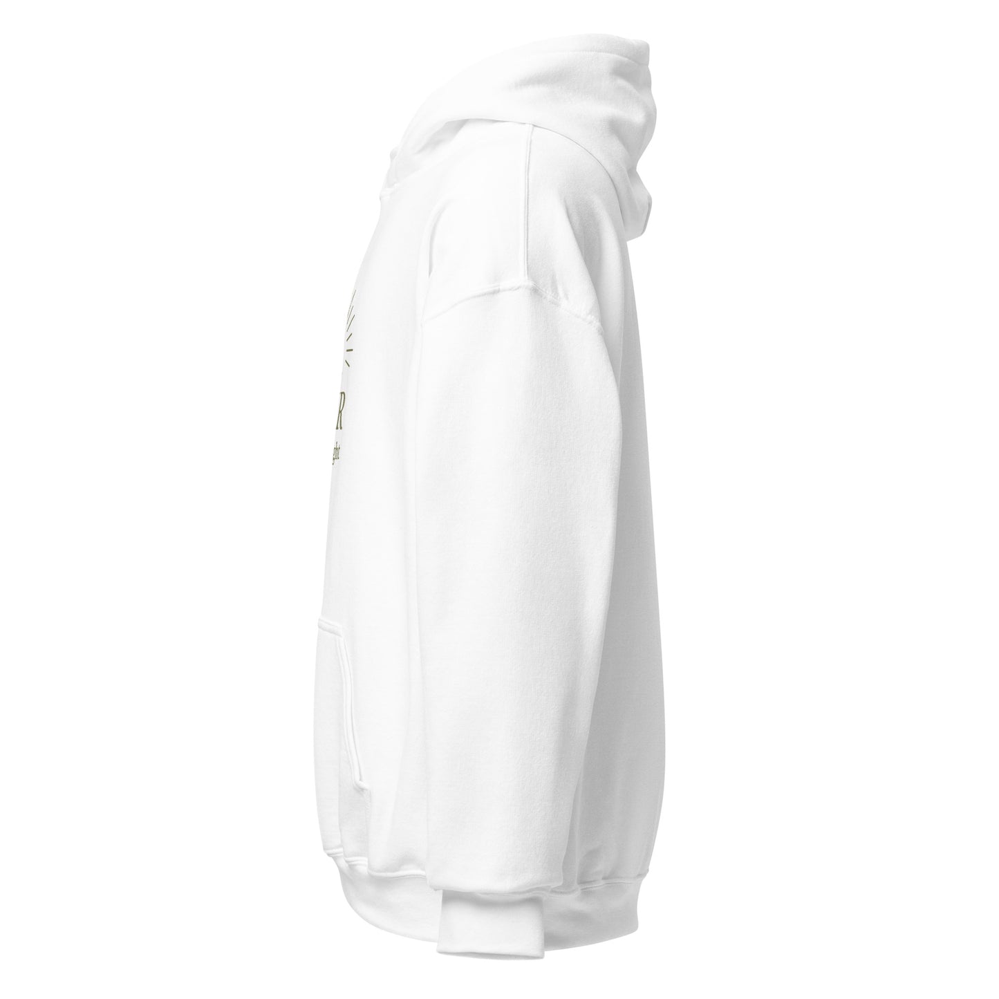 Side view of White NUR Divine Light Spiritual Hoodie by Enlight Me Center