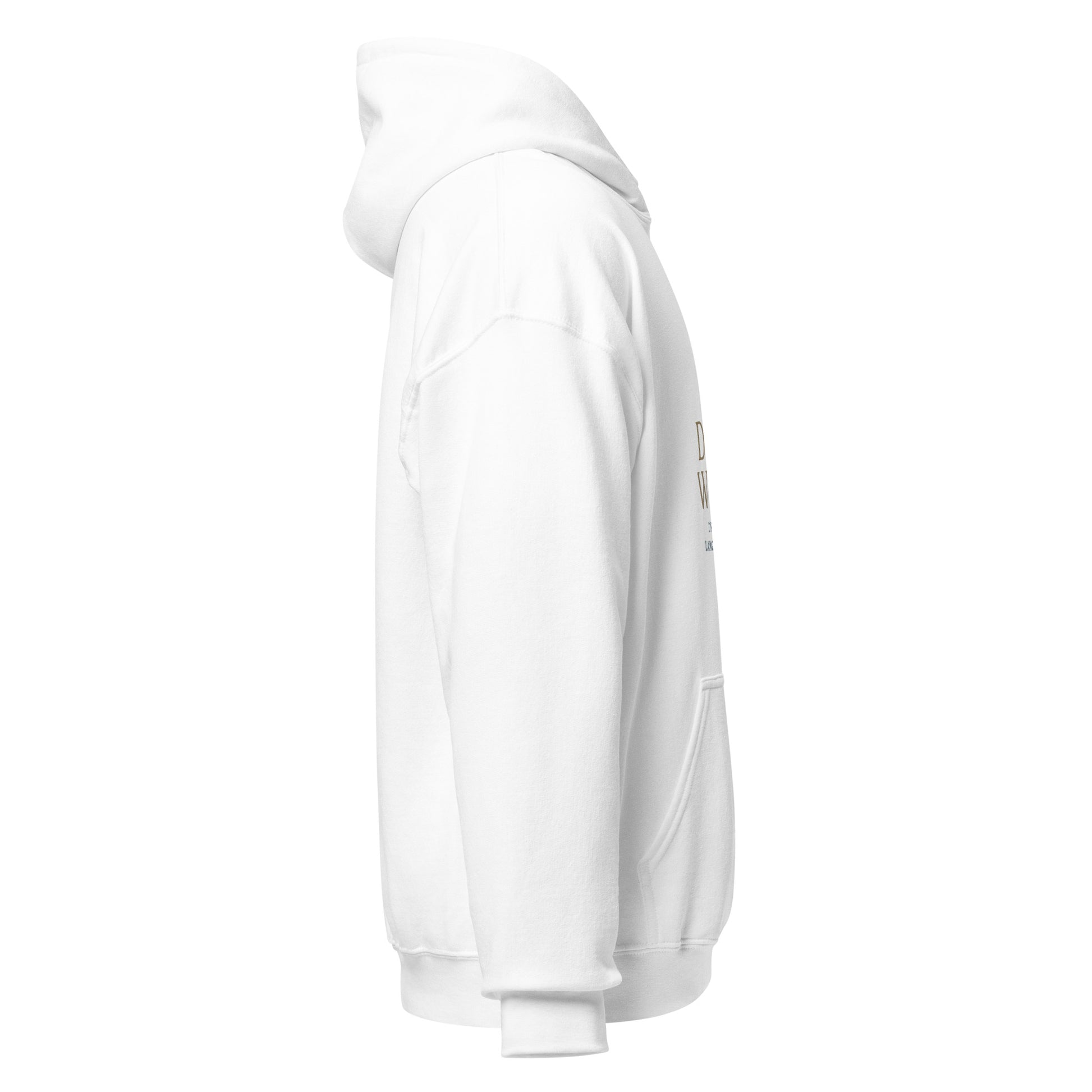 Side view of White Dream Weaver Soul Language Minimalist Spiritual Spiritual Hoodie by Enlight Me Center