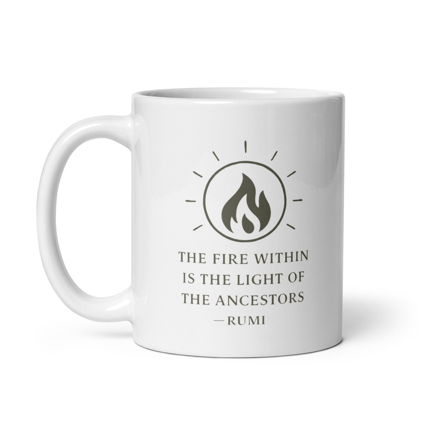 White The Fire Within is the Light of the Ancestors Spiritual Wellness Mug showing spiritual quote design